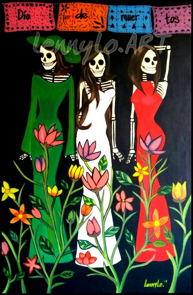 Dia de muertos fashion / Tag der Toten Fashion. Acryl, Öl & Buntstift auf Leinwand. 115 x 75 cm. 2017. Verkauft.