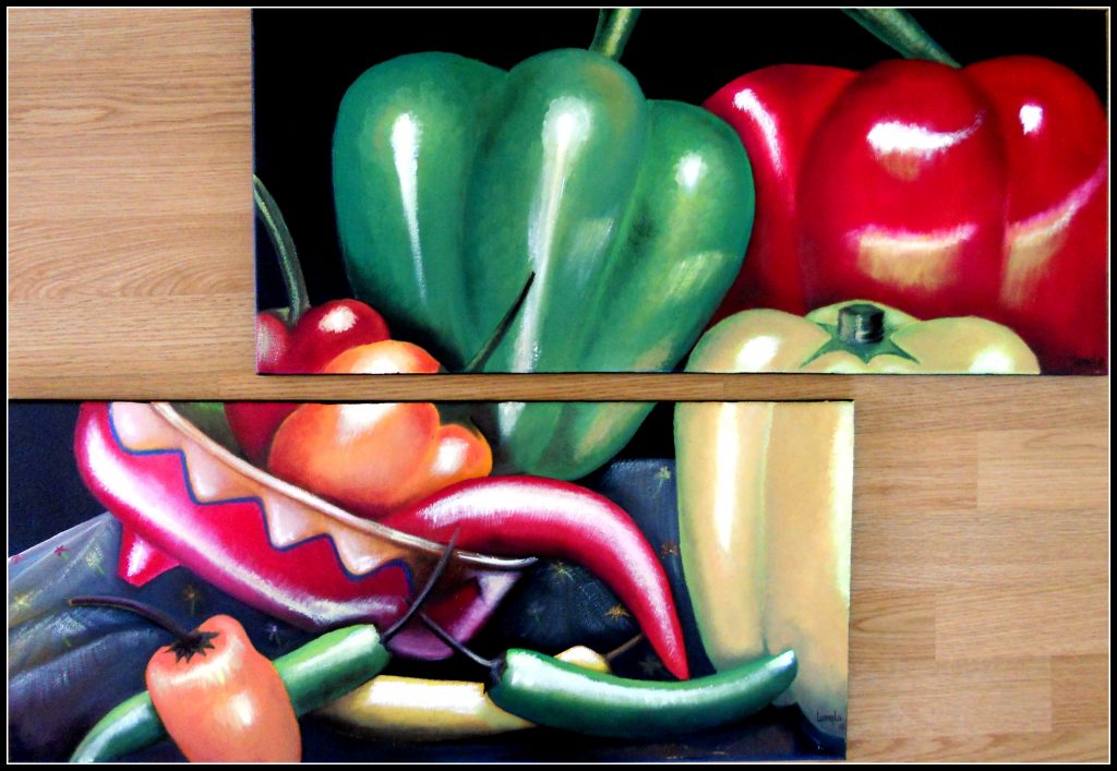 Chiles y pimientos / Chillies und Paprika. Öl auf Leinwand. Je 60 x 30 cm. 2013. € 250,00.