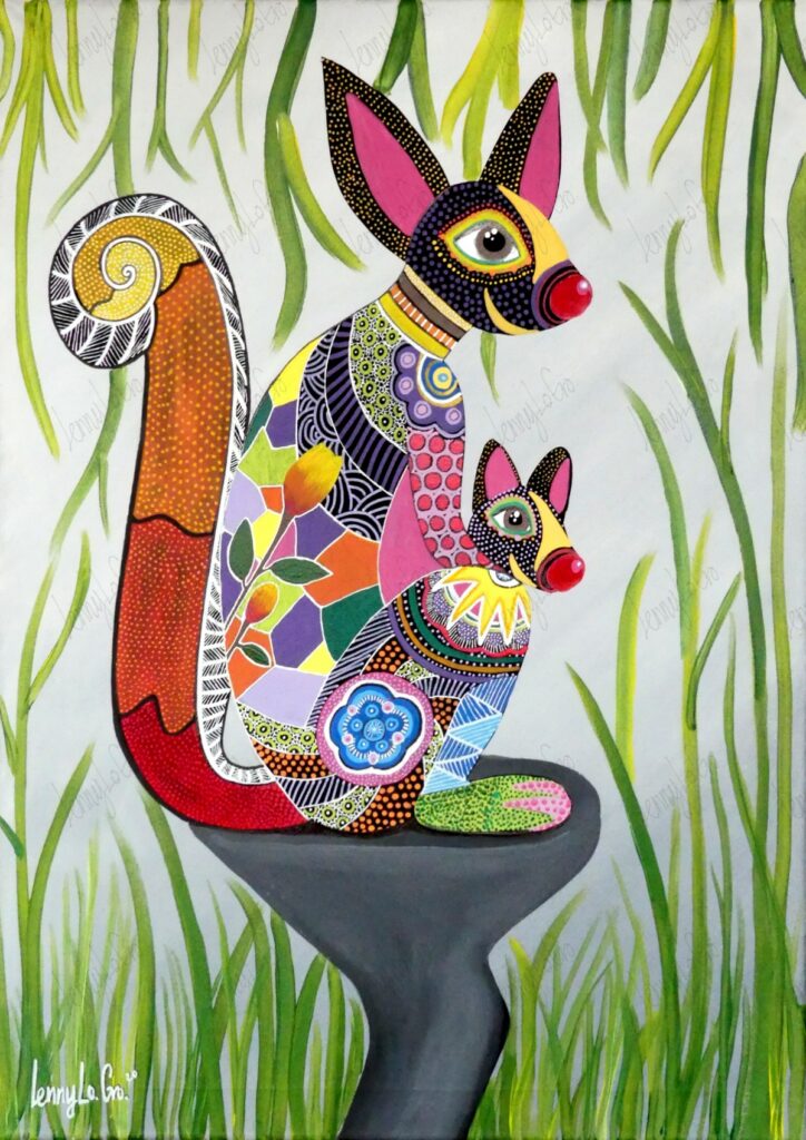 Alebrije mamá y bebé. Acrílico sobre tela. 70 x 50 cm. 2020. € 290,00.