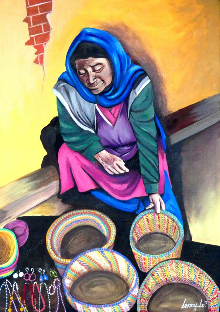 Artesana. Acrílico y lápices de color sobre tela. 70 x 50 cm. 2019. € 250,00.