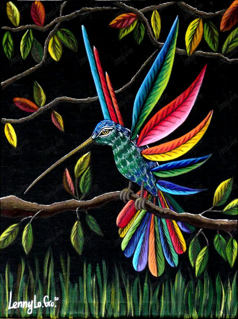 Alebrije Colibrí. Acrílico y lápices de color sobre tela. 40 x 30 cm. 2020. € 190,00.