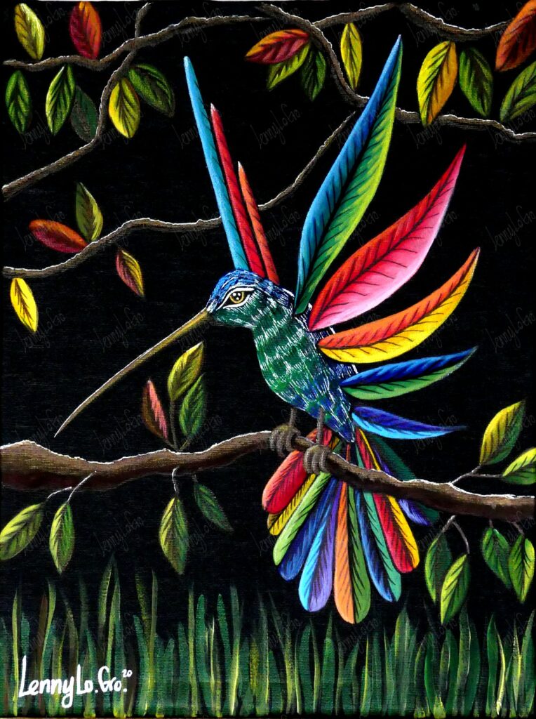 Alebrije Colibrí / Fantasietierwesen Kolibri. Acryl und Buntstift auf Leinwand. 40 x 30 cm. 2020. € 190,00.