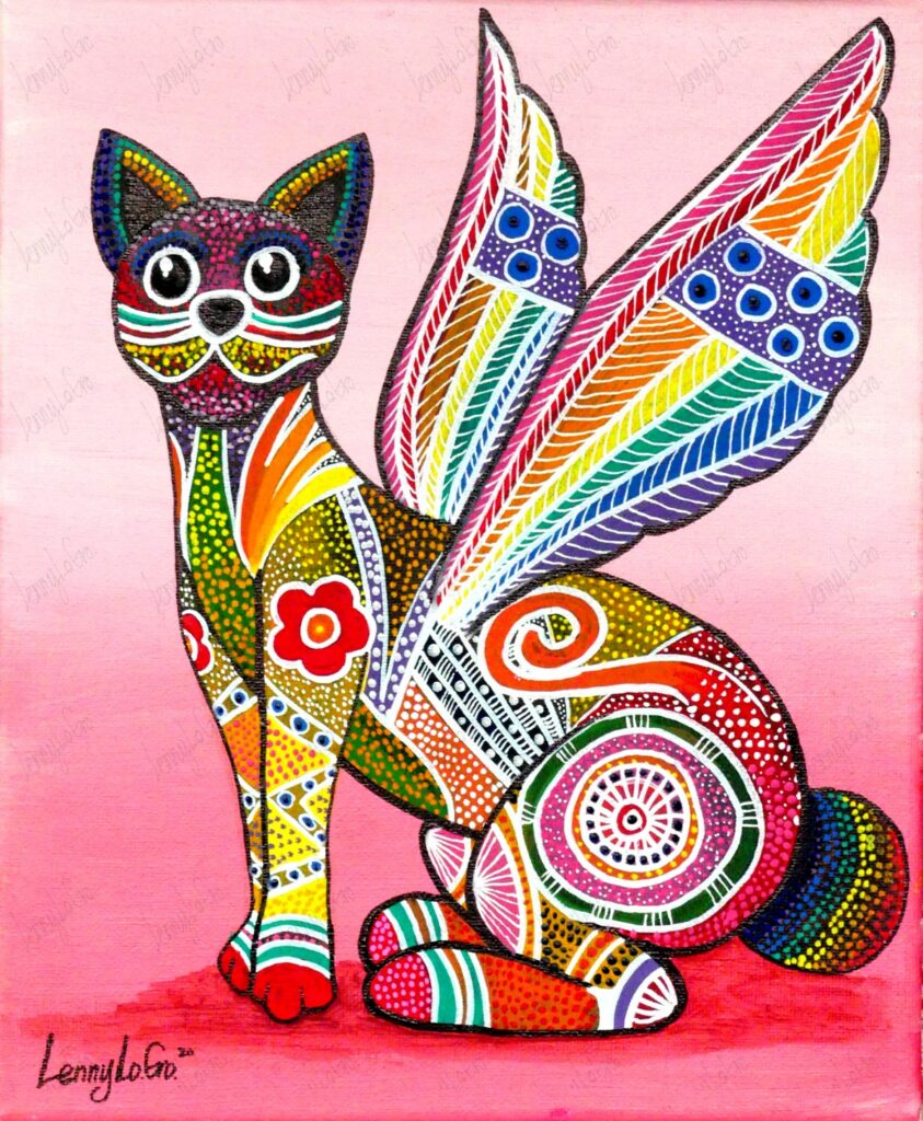 Alebrije gato alado / Fantasietierwesen Katze mit Flügeln. Acryl auf Leinwand. 30 x 25 cm. 2020. € 140,00.