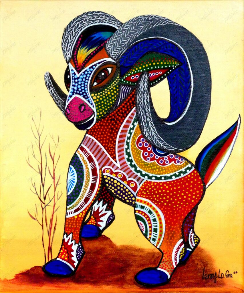 Alebrije con cuernos / Fantasietierwesen mit Hörnern. Acryl auf Leinwand. 30 x 25 cm. 2020. € 140,00.