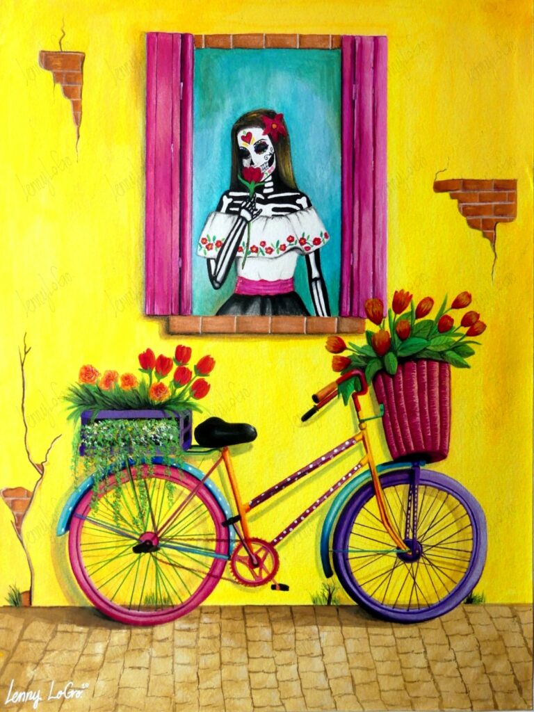 La muerte vívida / Der lebendige Tod. Acryl & Buntstift auf Leinwand 48x36 cm. 2020. Verkauft.