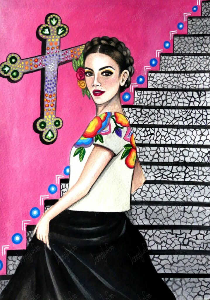 Mexicana I. Acrílico y lápices de color sobre papel. 24 x 34 cm. 2020. € 150,00.