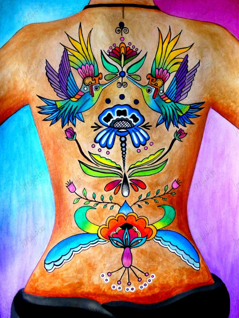 Tatuaje en la espalda / Tatoo auf dem Rücken. Acryl auf Papier. 36 x 48 cm. 2020. € 230,00.
