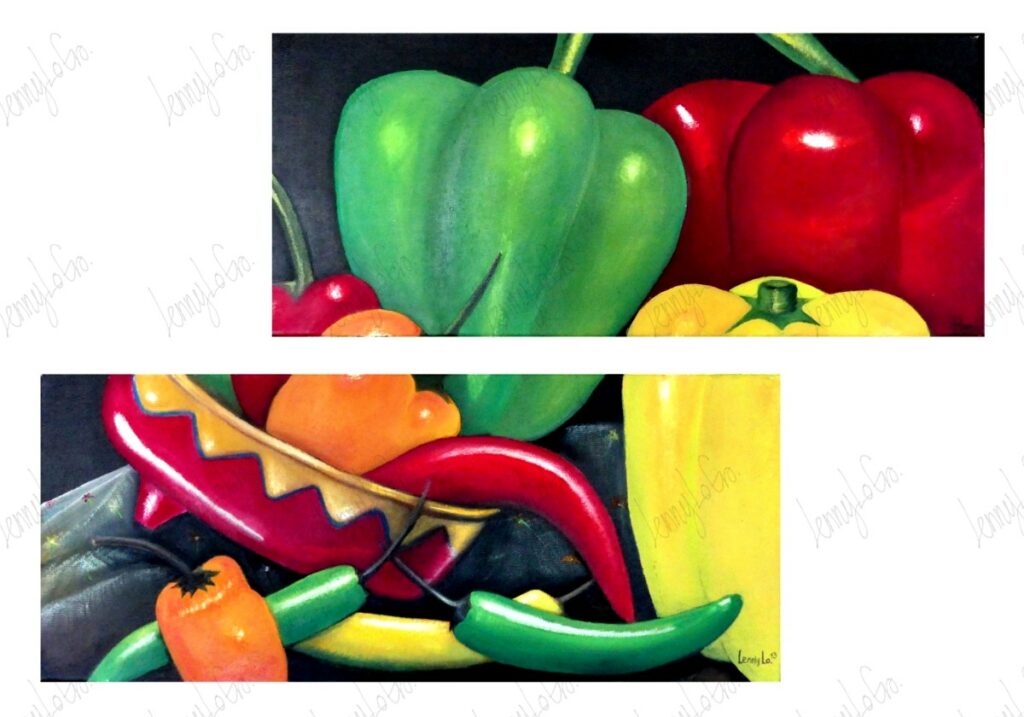 Chiles y pimientos. Óleo sobre tela. Cada uno 60 x 30 cm. 2013. € 250,00.