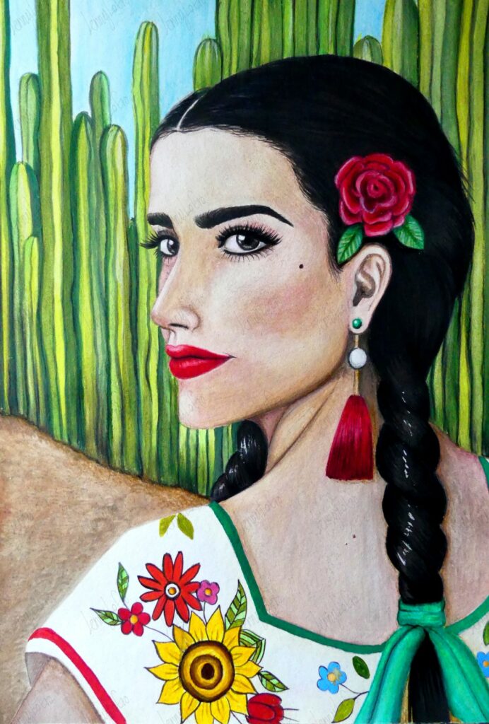 Mexicana II. Acrílico y lápices de color sobre papel. 24 x 34 cm. 2020. € 150,00.