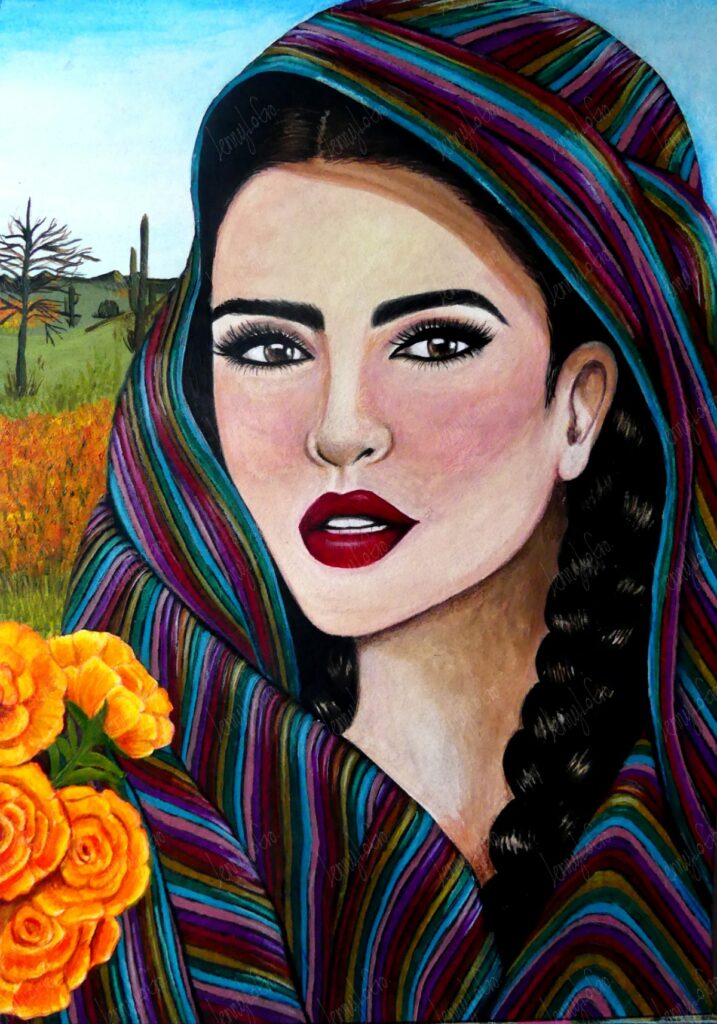 Mexicana III. Acrílico y lápices de color sobre papel. 24 x 34 cm. 2020. € 150,00.