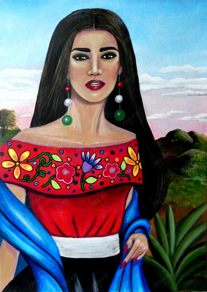 Mexicana IV. Acrílico y lápices de color sobre papel. 24 x 34 cm. 2020. € 150,00.