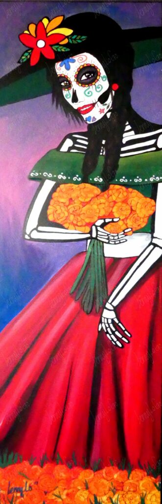 Catrina con cempasúchil. Acrílico sobre tela.  40 x 120 cm. 2019. € 290,00.